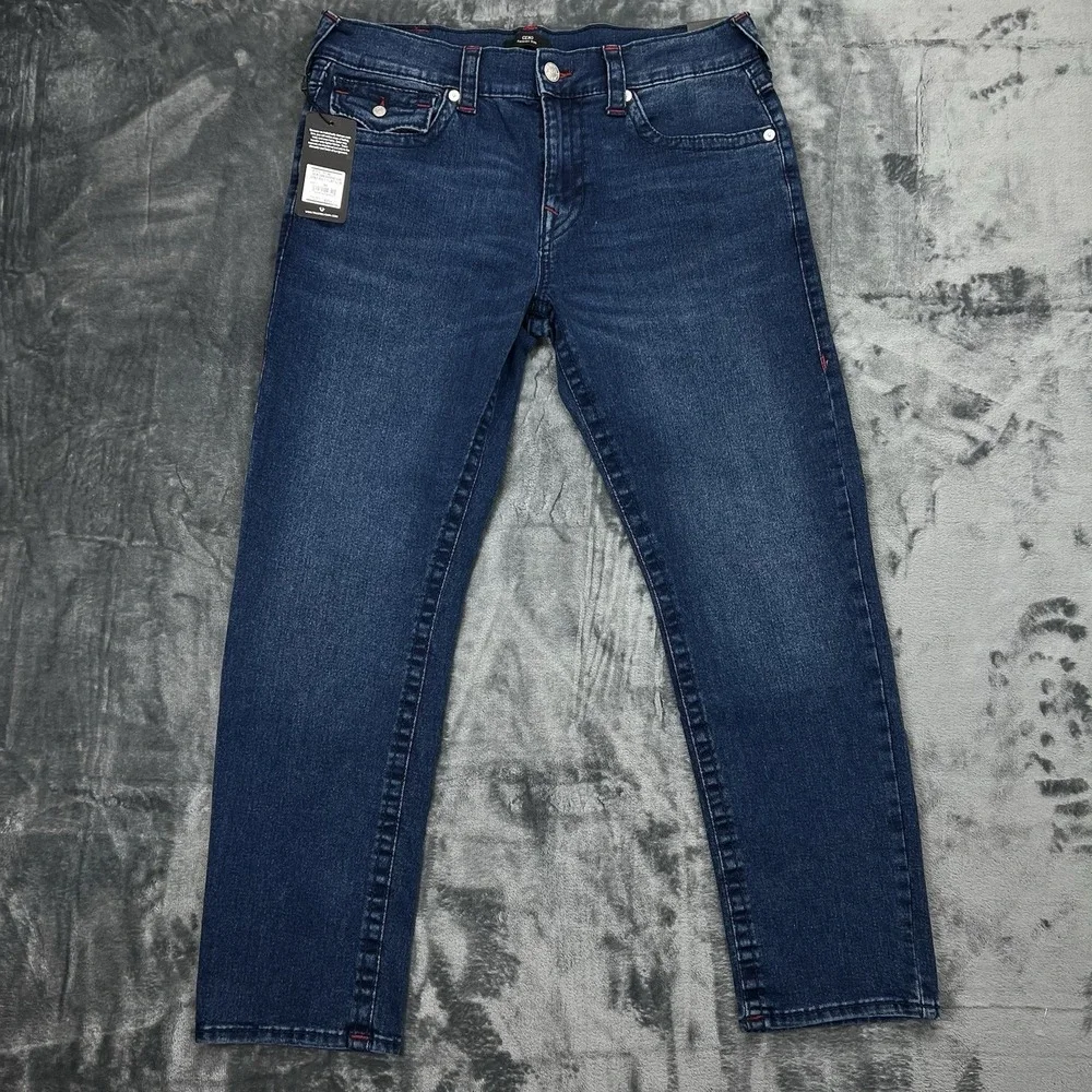 NWT True‎ Religion Dark Blue Red Stitch 34X30 Geno Relaxed Big T Flap $204 new